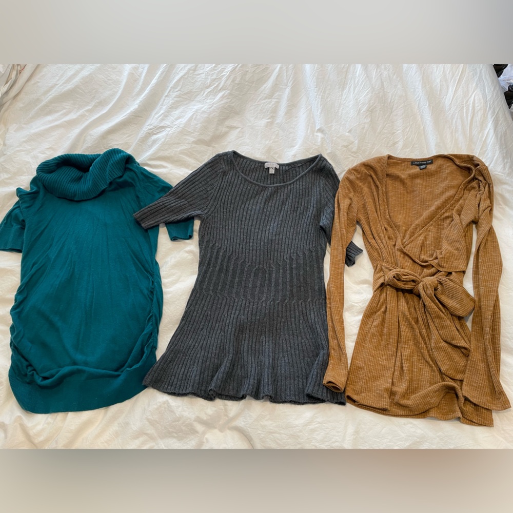 Maternity Pea in the Pod Cozy Knit Sweater Trio - Tan, Gray, Teal